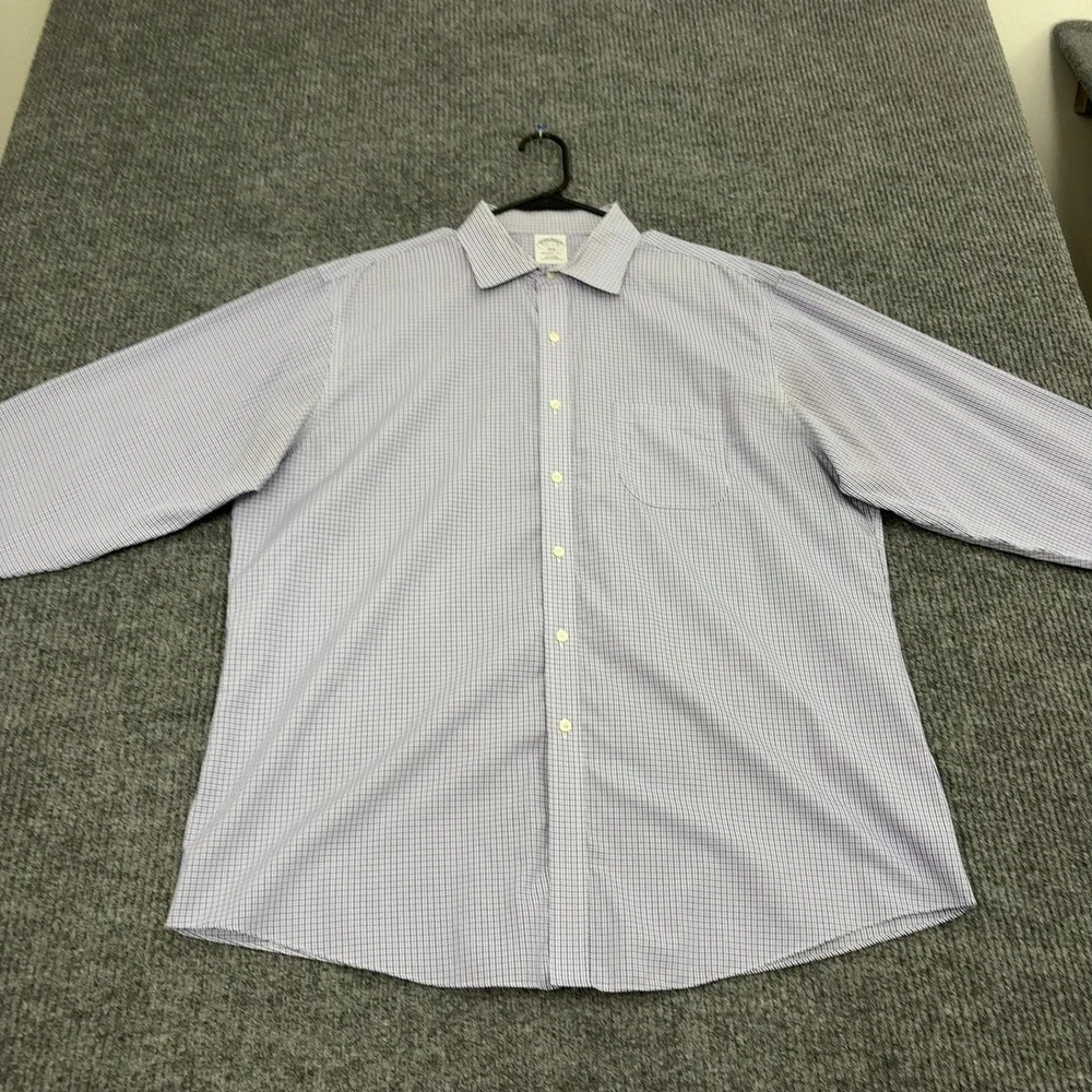 Brooks Brothers Shirt Mens 17.5 Blue Cotton Regent Fit Check Non-Iron Preppy